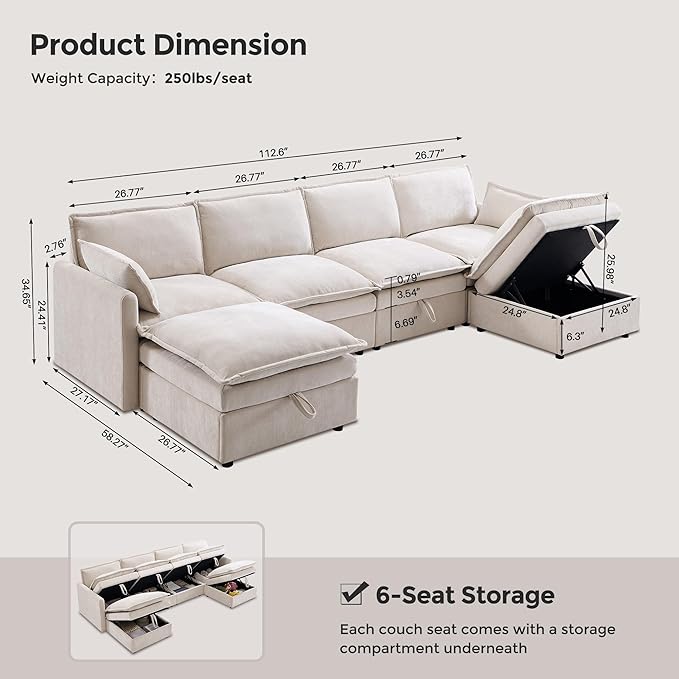 112.6" Sectional Couches for Living Room, Cloud Couch Sectional with Large Storage, U-Shape Modular Sectional Sofa with Ottoman, 6 Seater Chenille Sofa with Pillow for Apartment, Bedroom, Beige
