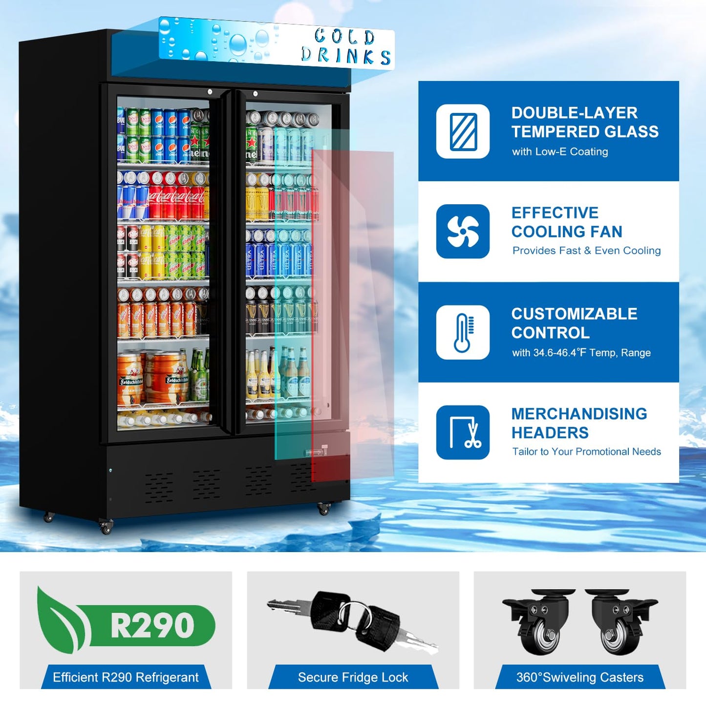 FreezLabs Commercial Glass Door Display Refrigerator 40 Cu.ft Cooler Commercial Display Beverage Refrigerators with LED Light and 10 Shelves for Cafe Restaurant Store Bar