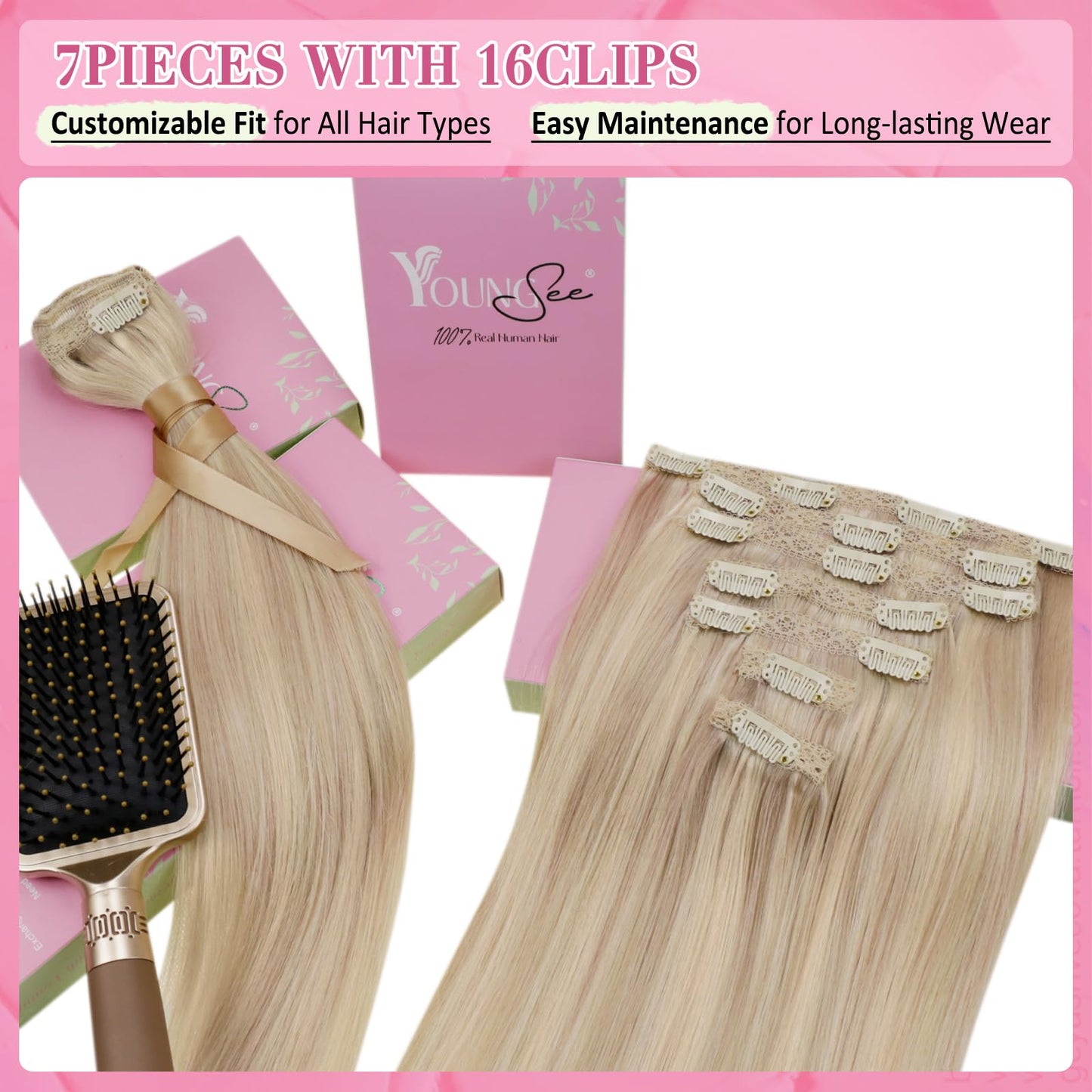 YoungSee Clip in Extensions Highlight Clip on Hair Extensions Warm Ash Blonde Highlights Bleach Blonde Clip in Hair Extensions R