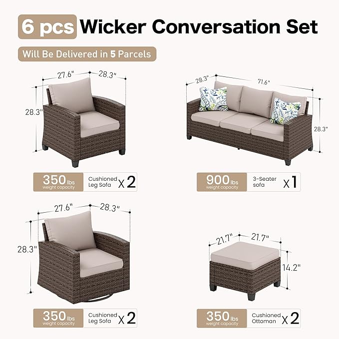 SUNSHINE VALLEY Swivel Glider Patio Furniture Set Outdoor Furniture Brown Wicker Rattan Patio Conversation Sets with Cushion Outside Sofa Set,7 Pieces 9 Seats,Beige