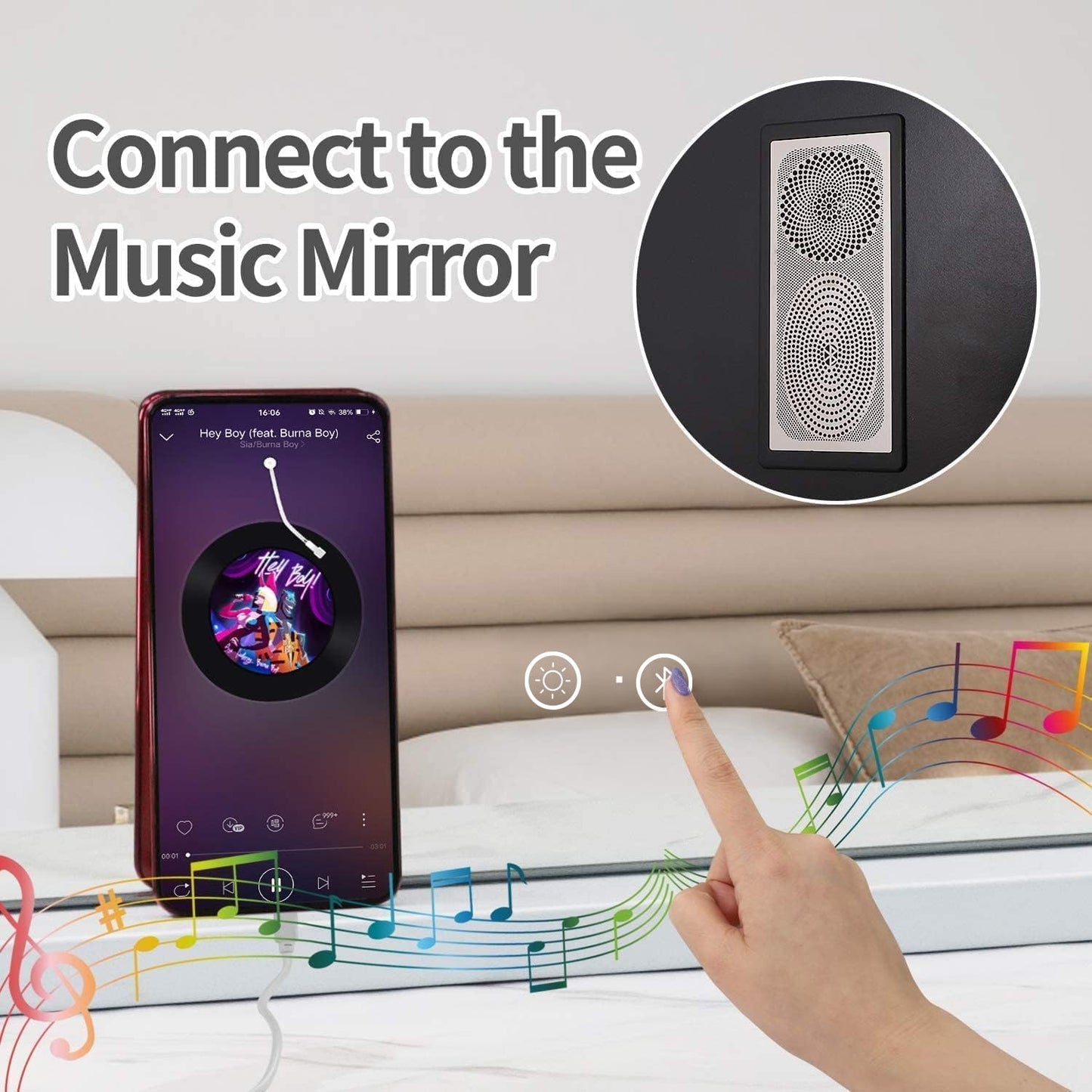 Hansong Vanity Mirror with Lights and Bluetooth Speaker 32"x 22.8" Hollywood Makeup Mirror with 18 LED Bulbs, Large Lighted Mirror with 3 Color Modes, USB Charging, 10x Magnification, Tempered Glass