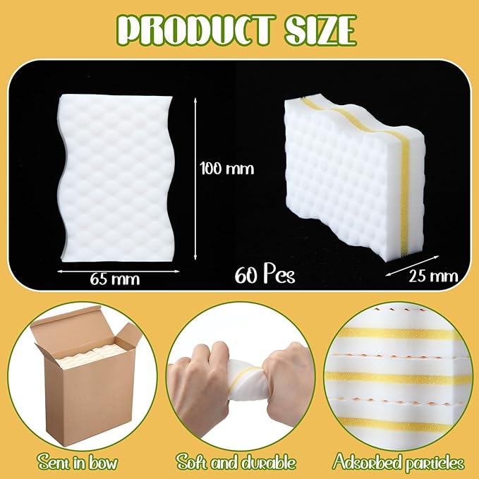 60 Pack Magic Extra Durable Sponge Eraser 3 Layer Density Cleaning Pads in Bulk Thick More Lasting Sponge Eraser for Bathroom Kitchen Floor Bathtub Toilet Cleaner (Yellow and White)