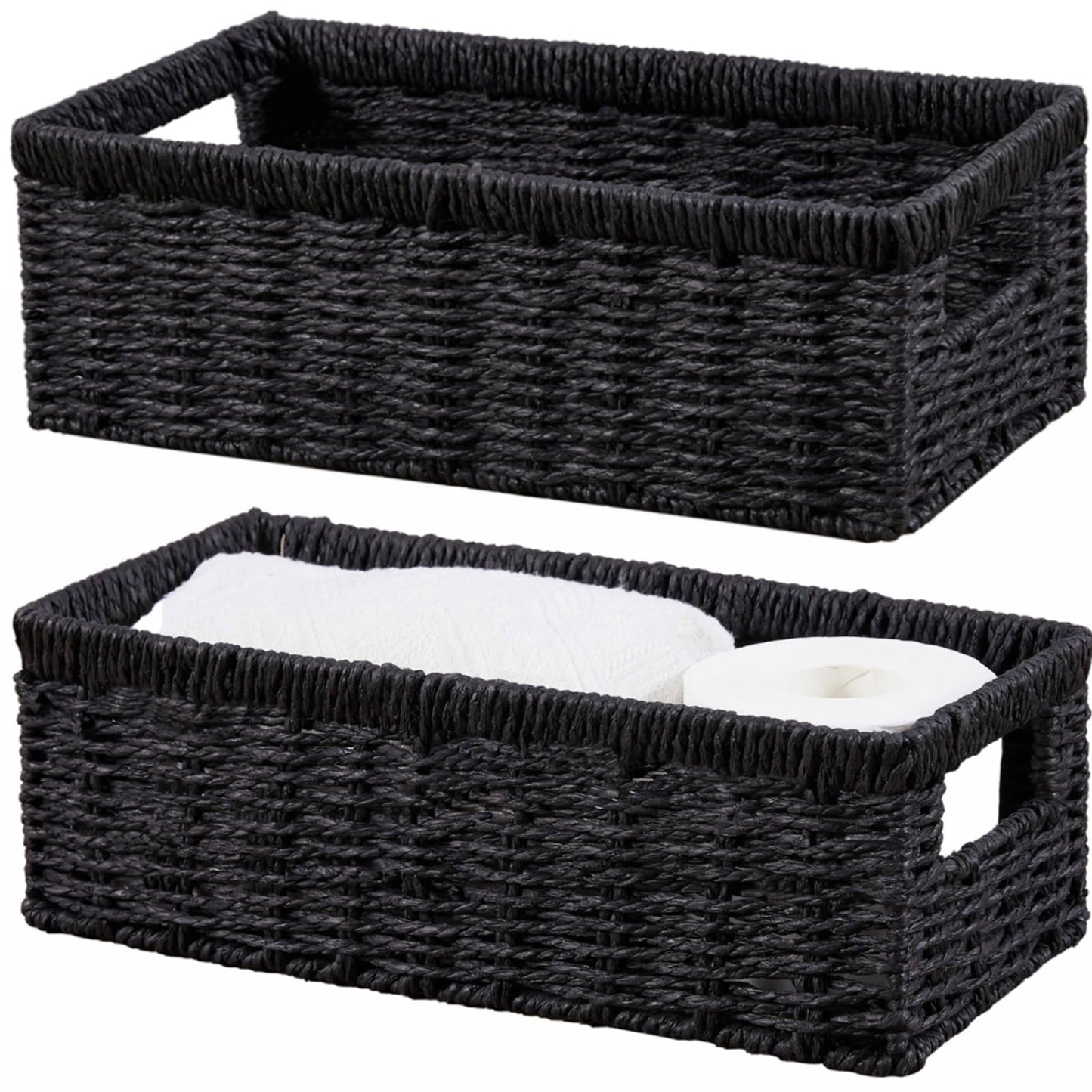 Vagusicc Wicker Storage Basket, Paper Rope Wicker Baskets with Handles, Toilet Paper Basket for Toilet Tank Top, Small Wicke Baskets for Organizing Shelves, 2-Pack, Black