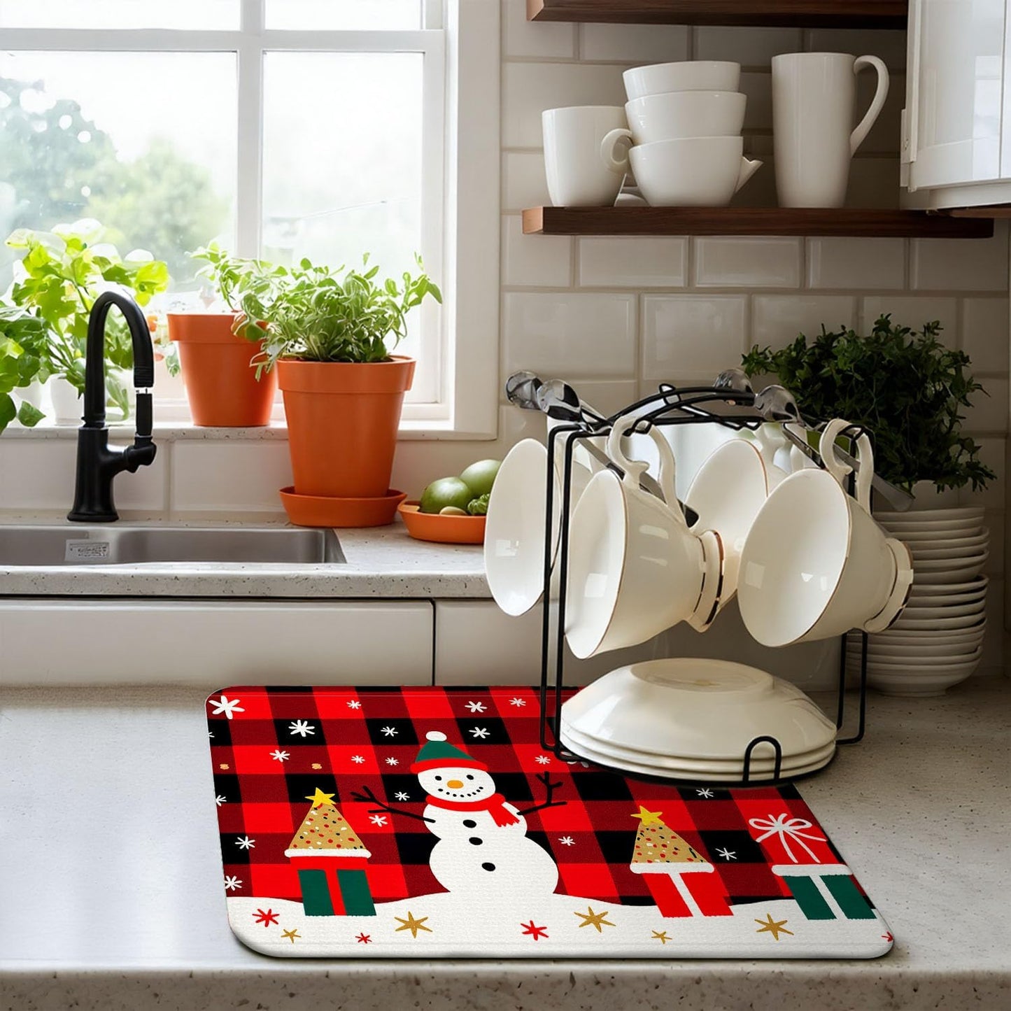 Red Plaid Christmas Drying Mat for Kitchen Counter 16" X 18" Christmas Dish Drying Mat for Kitchen Decor Xmas Drying Mats For Home Counter Drying Mats For Dishes Dish Mat Drying Mat