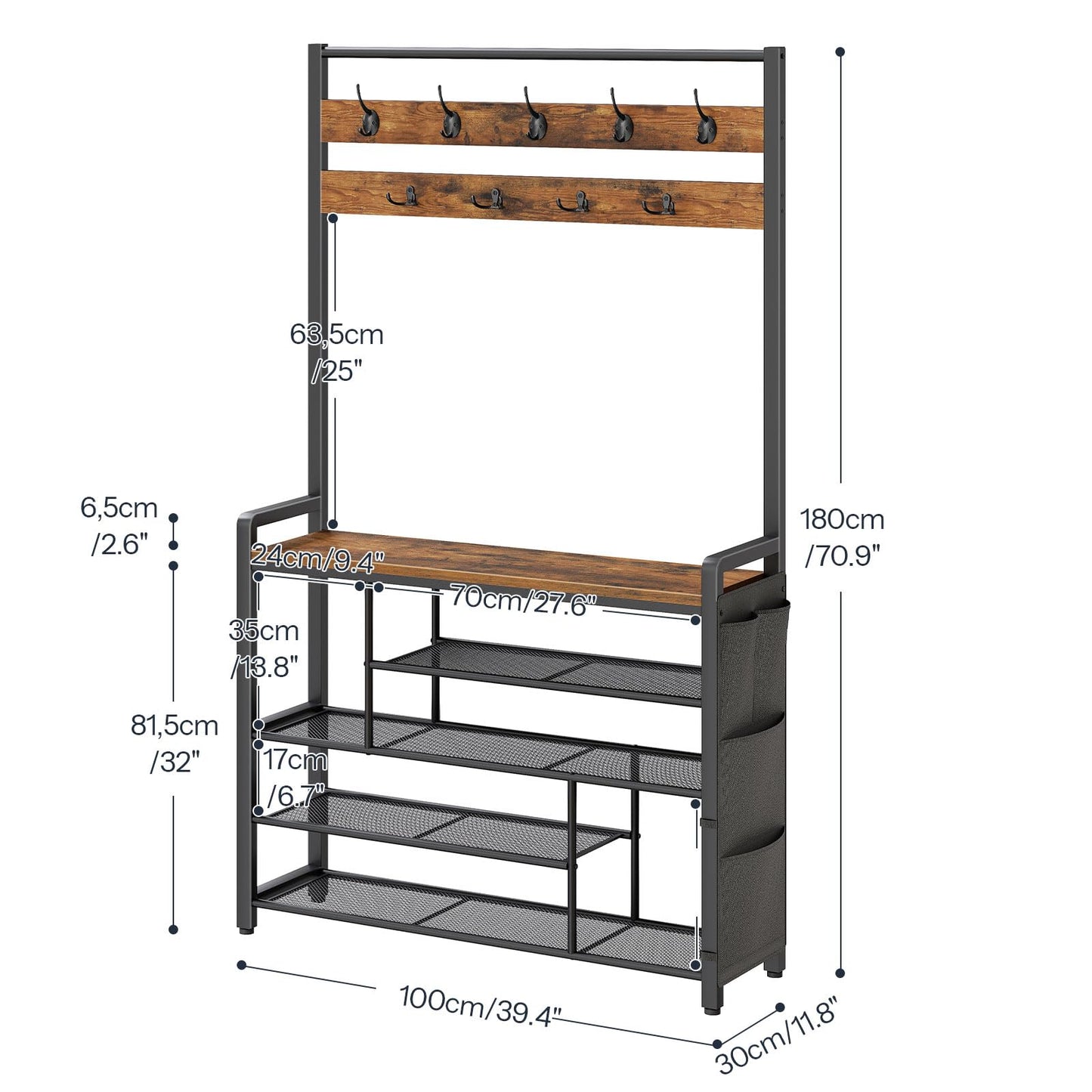 HOOBRO Hall Tree with Bench, Shoe Rack with Coat Rack, 39.4" Coat Rack with Shoe Storage, 5 Tier Shoe Storage Organizer, Oxford Fabric Side Pockets, Coat and Shoe Rack Entryway, Rustic Brown BF46MT01