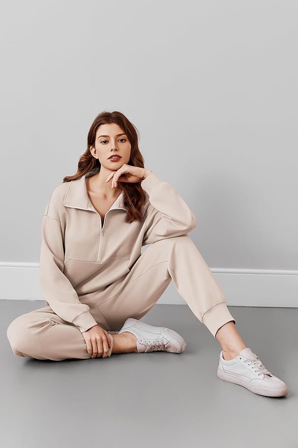 PINSPARK 2 Piece Sets for Women 2025 Fall Travel Outfits Long Sleeve Tracksuit Joggers Sets Half Zip Sweatsuit Matching Set