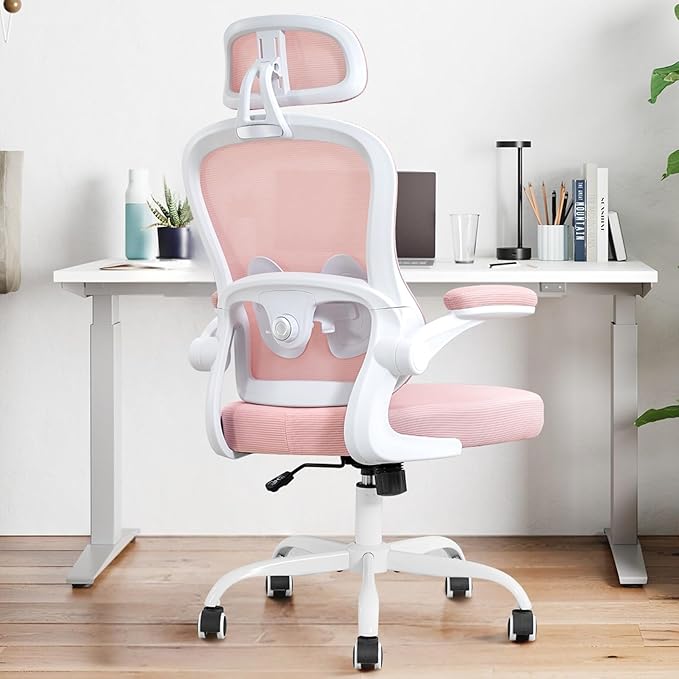 TUKAKA Ergonomic Office Chair,Ultra Thick Office Desk Chair with Adjustable Lumbar Support and Headrest,Spring Cushion,Rocking Function,Flip-up arms,Mesh Computer Chair for Home Office,Pink