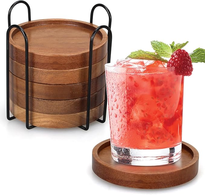 6 Pcs Best Wooden Coasters with Holder Coffee Table Decor Acacia Wood Coaster Set Modern Cup Coaster for Drink Home Dining...