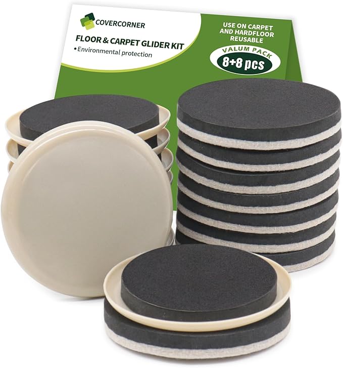 COVERCORNER Furniture Sliders for Hardwood Floors, Furniture Sliders for Carpeted Floors, 16 PCS 3 1/2 inch Combo Pack, Sliders for Moving Furniture, Furniture Movers Sliders