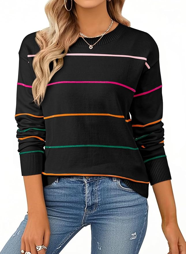 SHEWIN Womens Sweaters Crew Neck Knit Long Sleeve Striped Sweater Fall Outfits for Women 2025