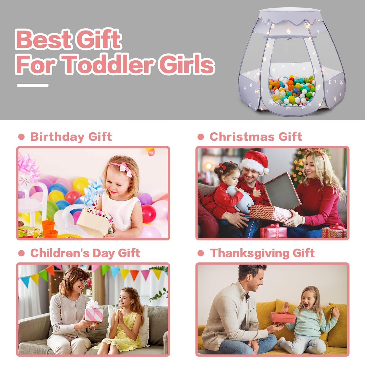 Baby Ball Pit for Toddler: with Star Lights - Pop Up Princess Play Tent for Kids - Indoor Outdoor Baby Girl Toys Birthday Gifts - NO Balls (Gray Tent)