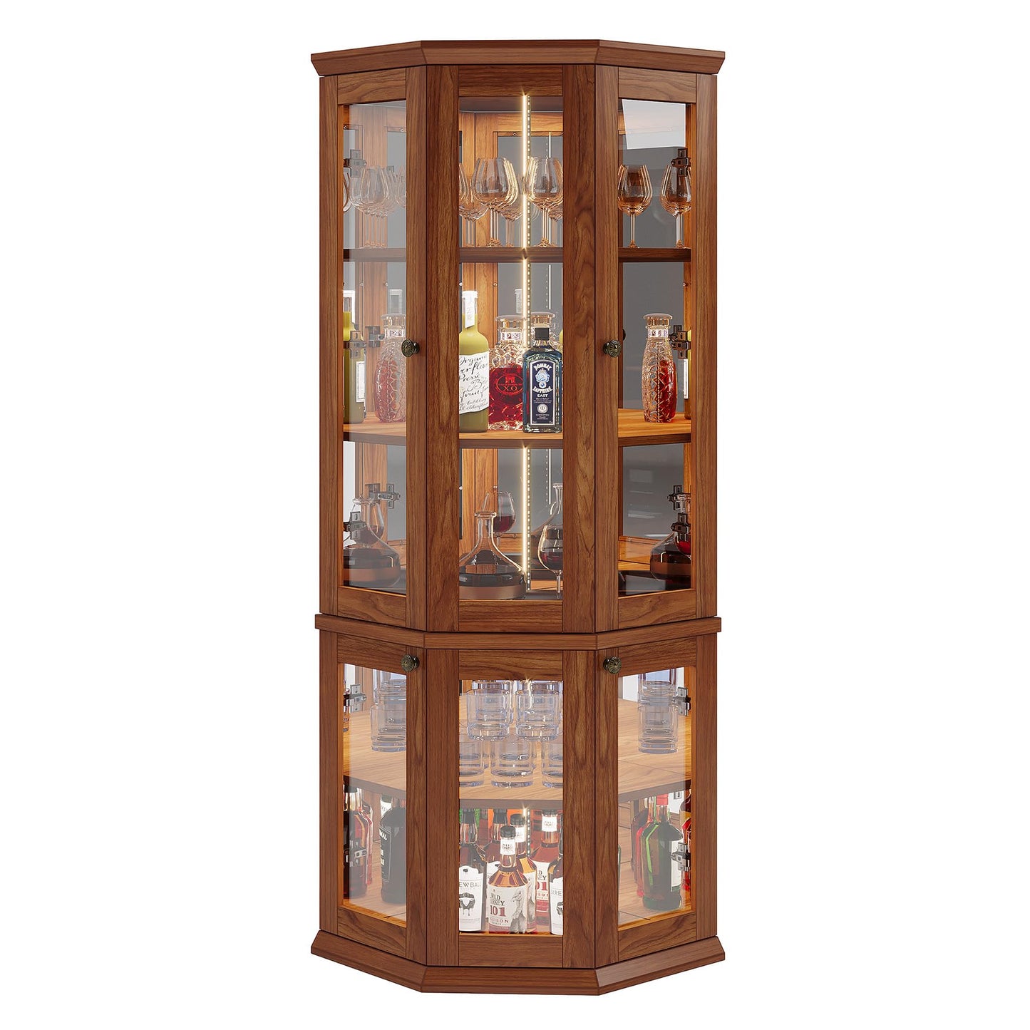 Tribesigns 70.87-Inch Corner Bar Cabinet, Tall Modern Corner Wine Cabinet with Doors & LED Lights, 5-Tier Home Bar Liquor Cabinet for Dining Room, Living Room, Kitchen, Rusitc Brown