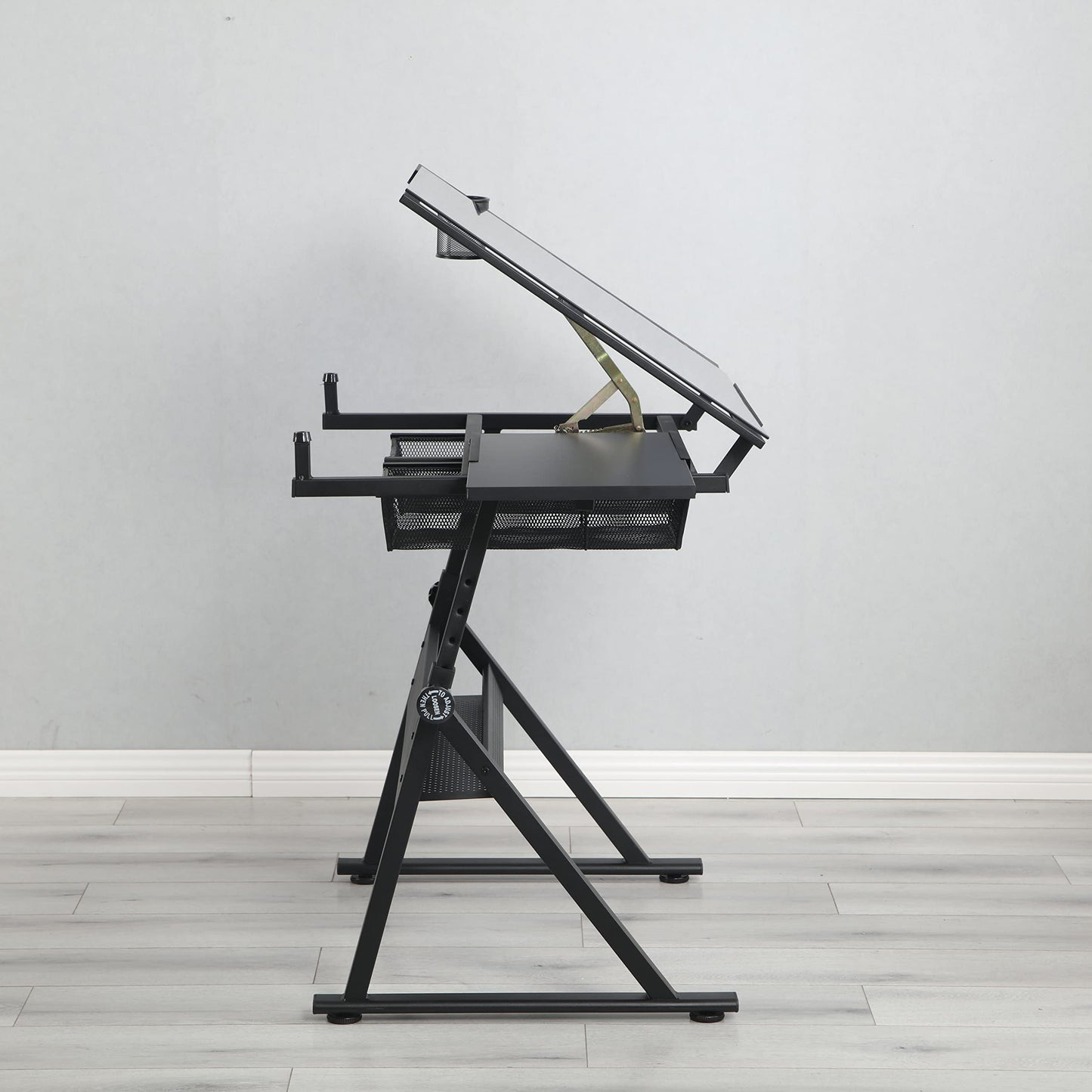 Gecheer Black Adjustable Tempered Glass Drafting Table with Chair, 0-75° Tilt Desktop, 5mm Thick, Two Metal Drawers & Side Storage Strips, Height & Angle Adjustable for Uneven Floors