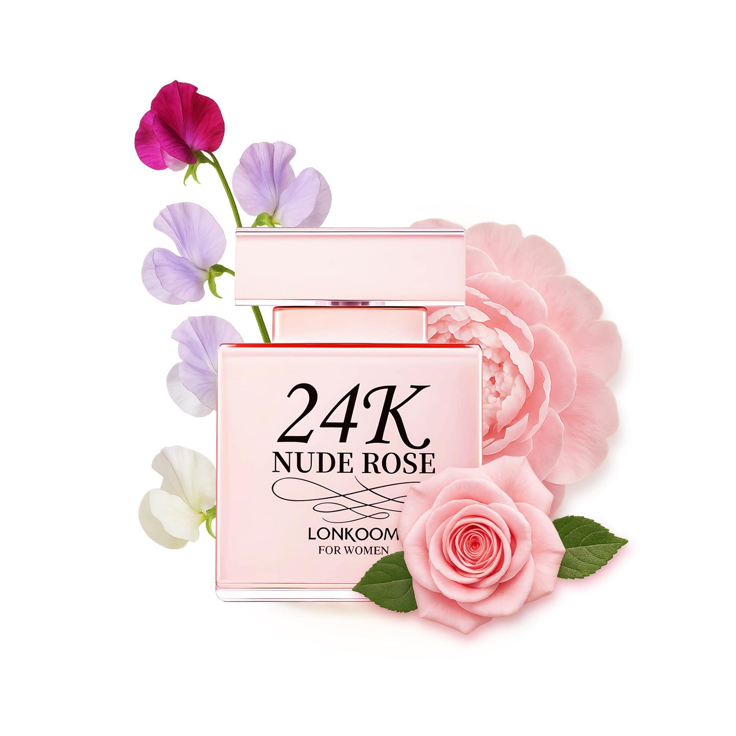 Lonkoom 24K Nude Rose Perfume for Women, 3.4 Fl Oz/100ml Eau de Parfum Spray Long-Lasting Fragrance, Floral Notes of Sweet Pea, Bergamot, Peony, Rose, Musk