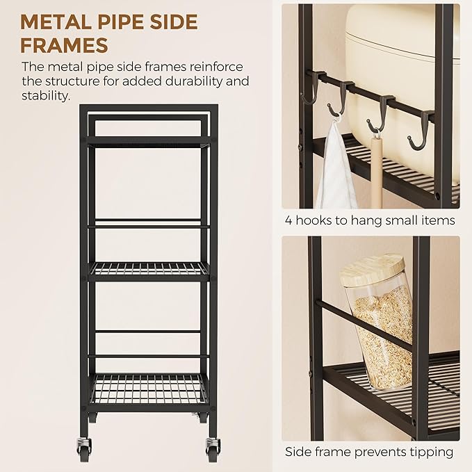 XIVIRACK 3-Tier Metal Storage Rack with Industrial Wheels,Mesh Shelving Unit with Wooden Table top,Adjustable Shelf,23.6-Inch Width,15.8-Inch Depth, for Kitchen, Laundry,Pantry,Plant,Black panel