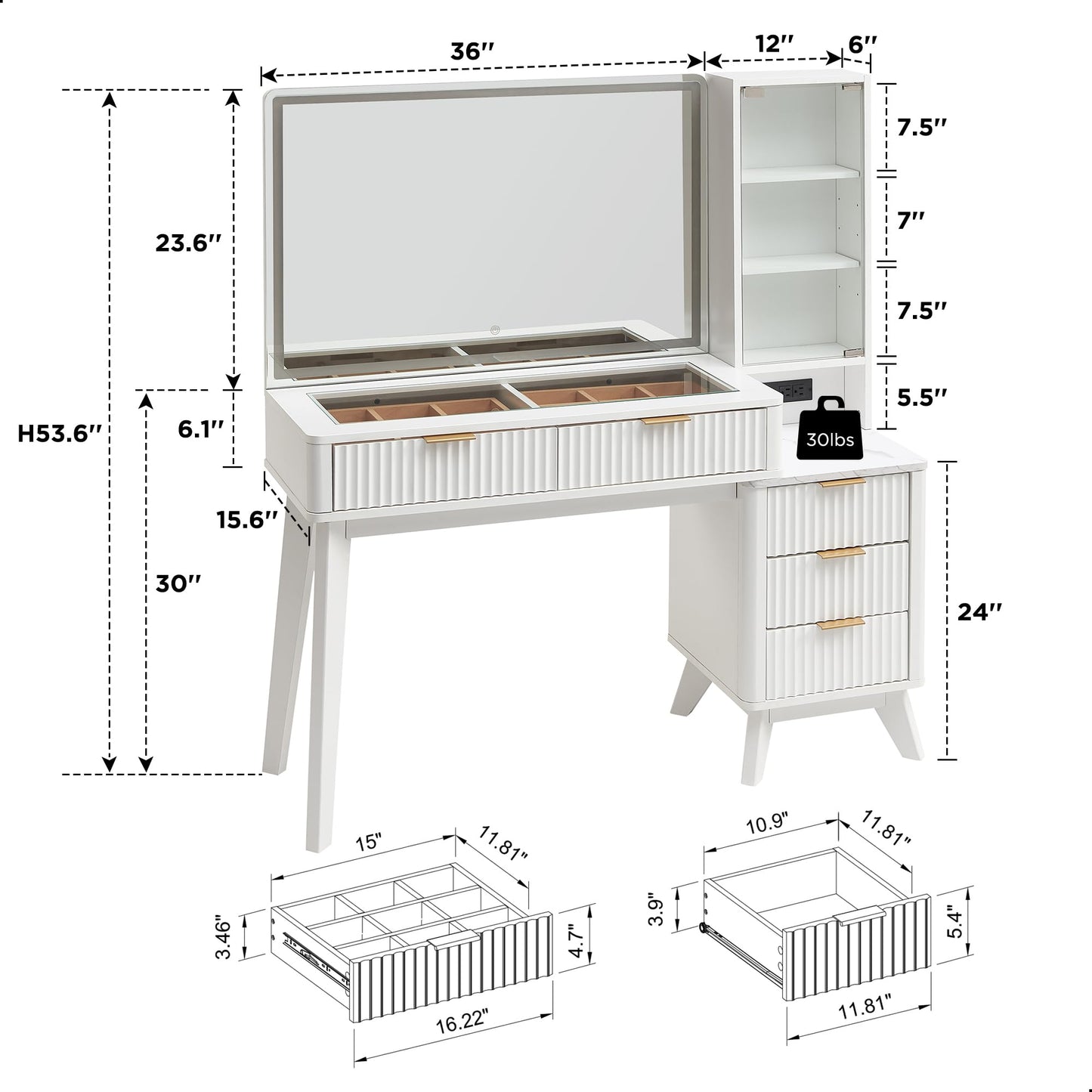 T4TREAM 48" Fluted Makeup Vanity Desk with Large 36" Mirror and Lights, Modern Glass Top Big Vanity Table with 5 Drawers & Adjustable Shelves, Dressing Table Set w/Charging Station for Bedroom, White