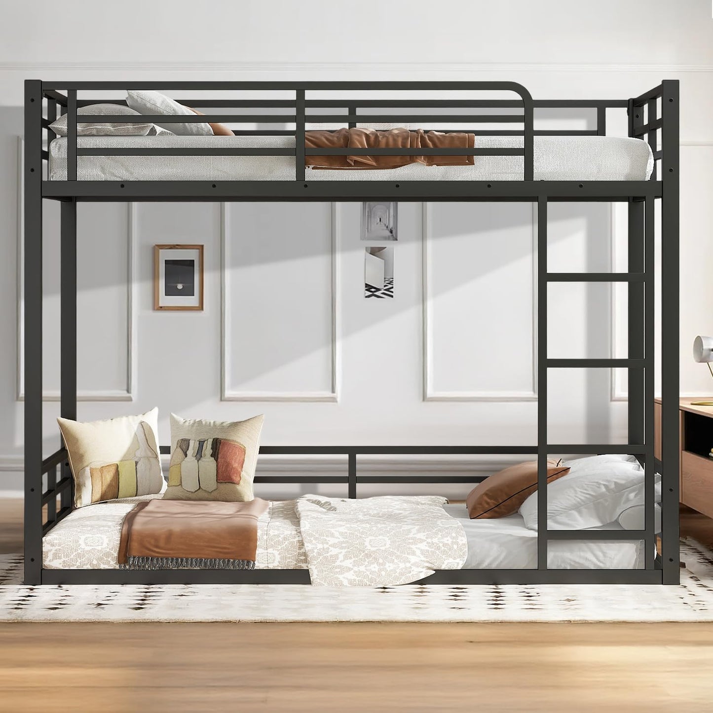 HKOLIE Twin XL Over Twin XL Metal Bunk Bed Frame, Heavy Duty Low Bunk with Full Length Guardrails, Noise-Free Design, Space-Saving Bed for Kids Teens Adults, Black