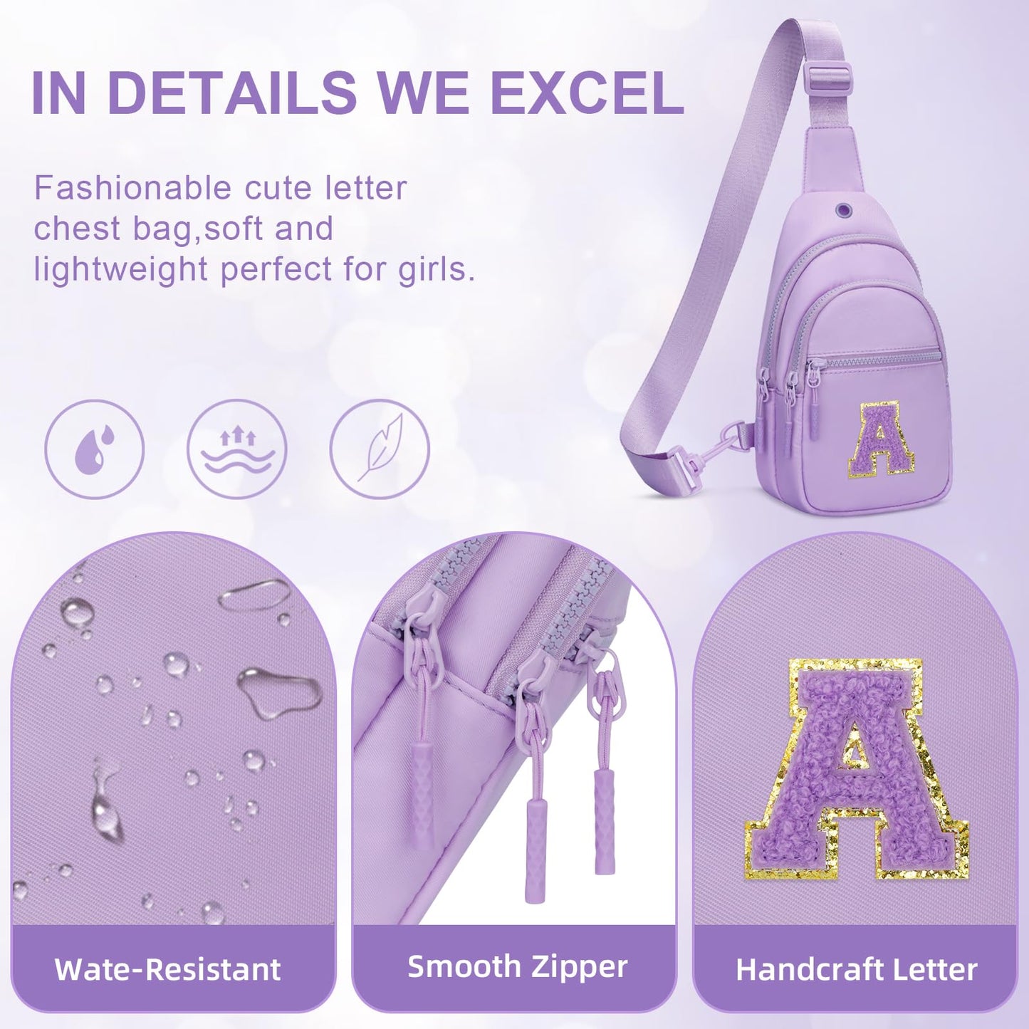 CLOUDWINGS Small Initial Sling Crossbody Bags for Girls Fanny Pack Chest Bag Purse Personalized Birthday Gift - Purple - A