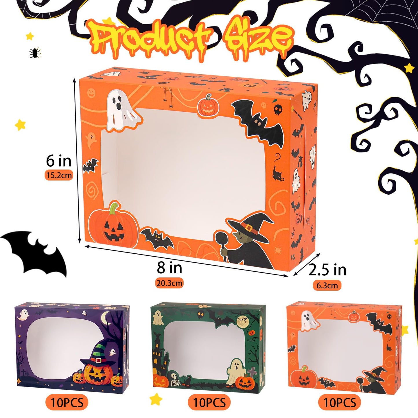 OUGEBOX 30 Pcs Halloween Cookie Boxes for Gift Giving, 8x6x2.5 Inch Bakery Boxes with Window, Treat Boxes for Desserts, Macarons, Donuts, Pastries