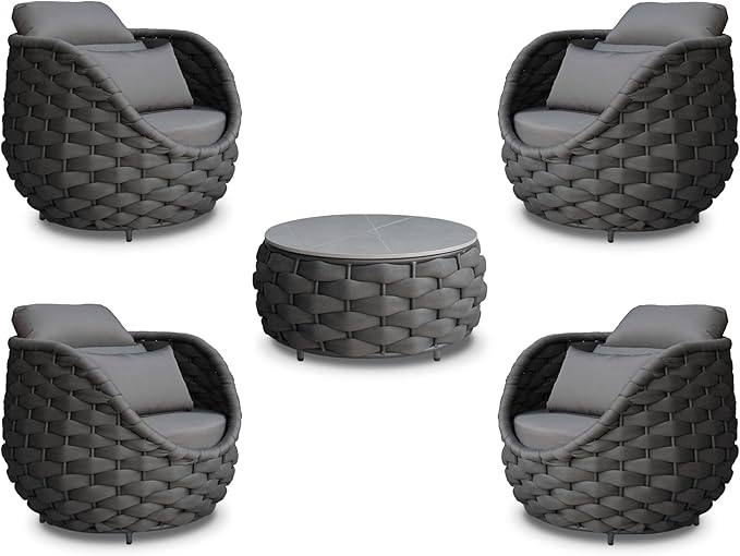Erotr Front Porch Furniture 5 Piece Set: Aluminum Woven Rope Patio Conversation Sofa Set - Assembled Accent Chair Cushioned - Outdoor Armchair Couch Set for 400 lbs Deck Backyard Poolside Garden Hotel