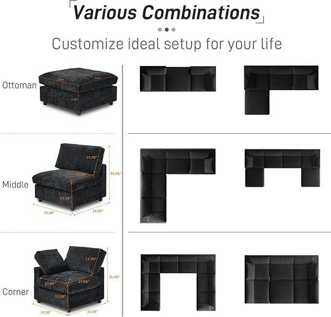 WJShome Cloud Sectional Couches for Living Room,100.5" Convertible Love Seat, 3 Seater Modular Sectional Sofa,Deep Seater Furniture Sets,Black