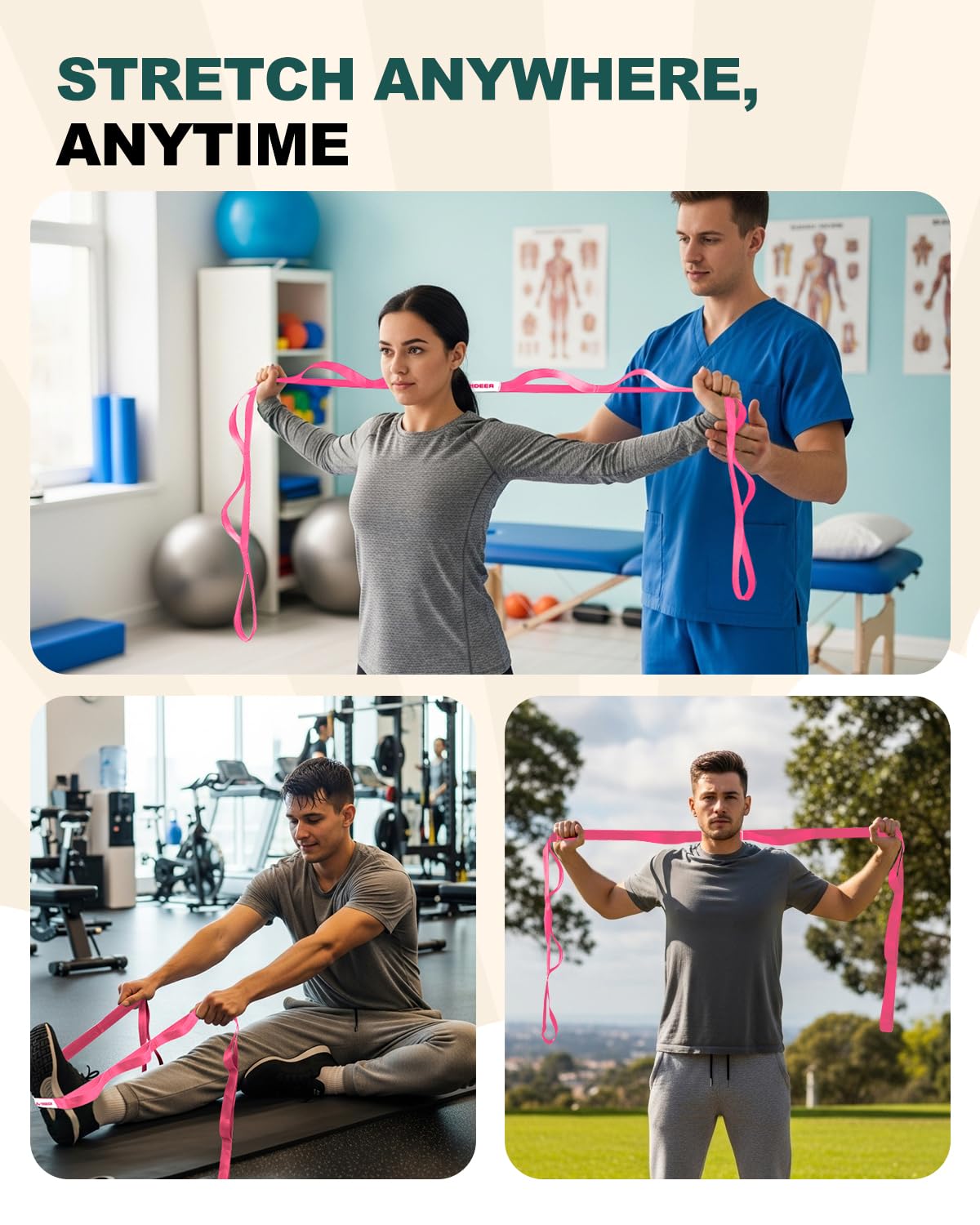 Trideer Stretching Strap Yoga Strap Physical Therapy for Home Workout, Exercise, Pilates and Gymnastics, 10 Loops Non-Elastic Stretch Bands with Aesthetic Packaging for Women & Men (Pink)
