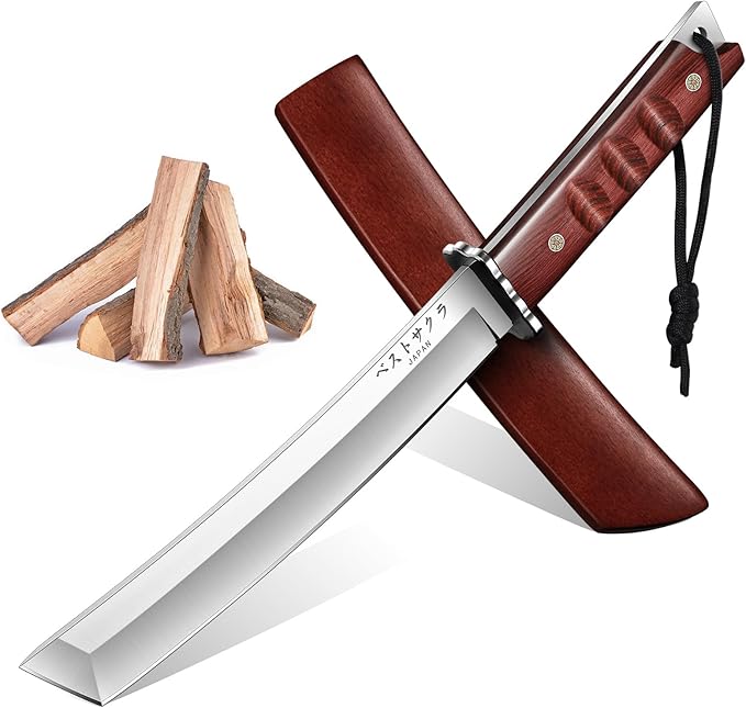 DRGSKL Japanese Fixed Blade Knife - Tanto Knives with Wooden Sheath - Survival Knives with Full Tang Handle - Bushcraft kn...