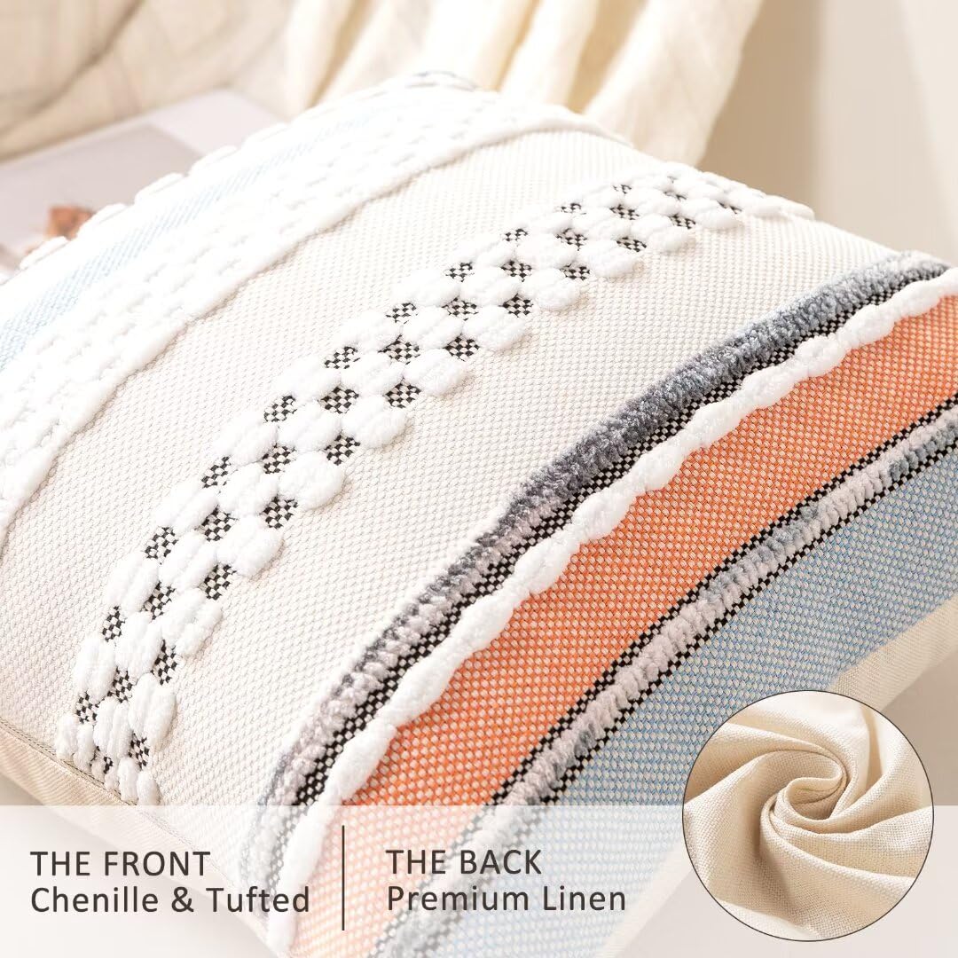 WANLIRD Boho Throw Pillow Covers 18x18 Set of 2 Farmhouse Decorative Cushion Case Striped Square Pillows Cover Chenille Pillow Cases Accent Neutral Pillowcase for Sofa Couch Bed,Orange-Blue