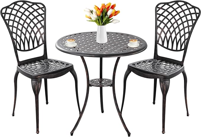 Withniture Bistro Set 3 Piece Outdoor Cast Aluminum Patio Bistro Set with 1.97” Umbrella Hole, Patio Table and Chairs Set of 2 Metal Furniture Set for Porch, Yard, Bronze