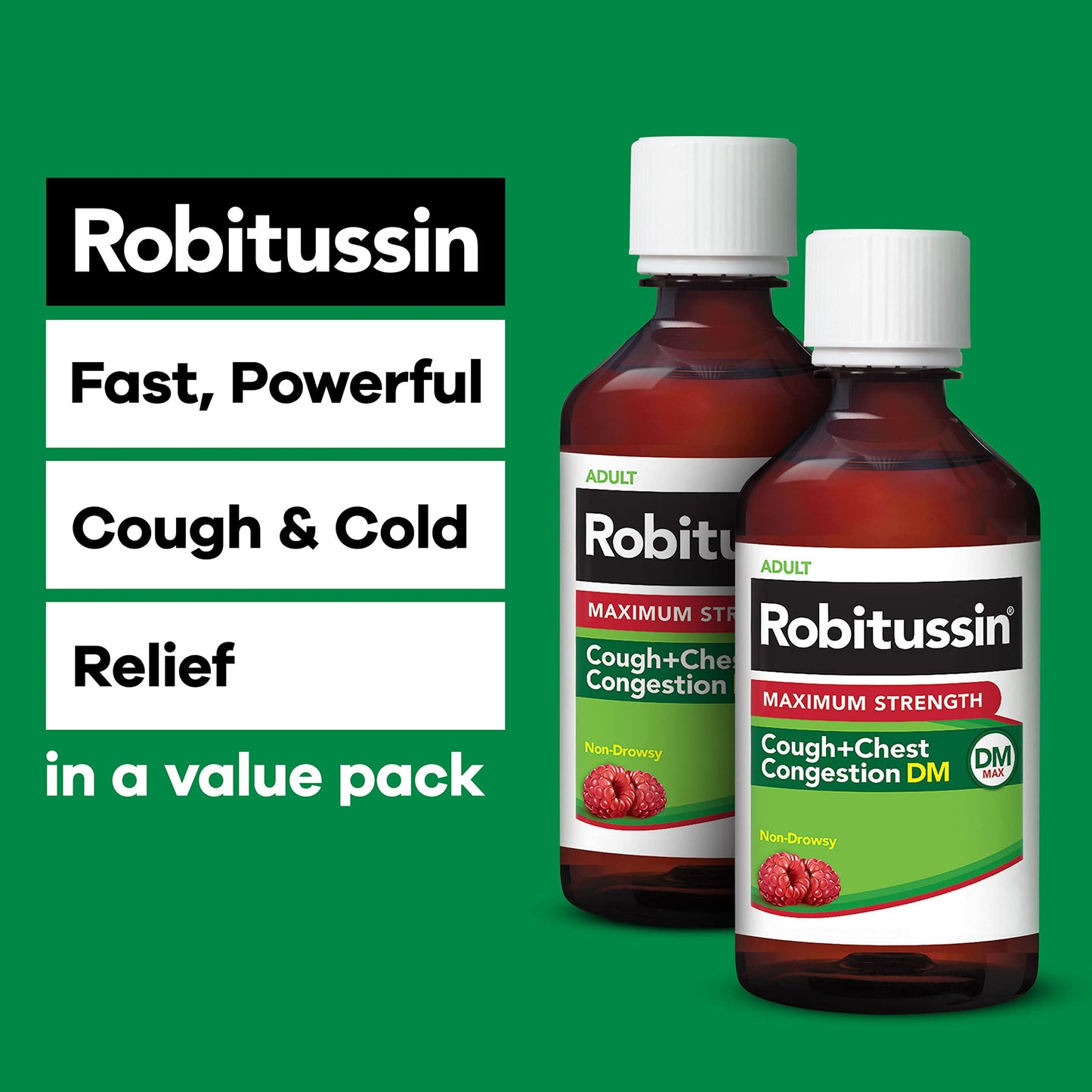 Robitussin Adult Maximum Strength Cough Plus Chest Congestion DM Max, Cough Suppressant and Expectorant, Raspberry Flavor, 8 Fl Oz x 2