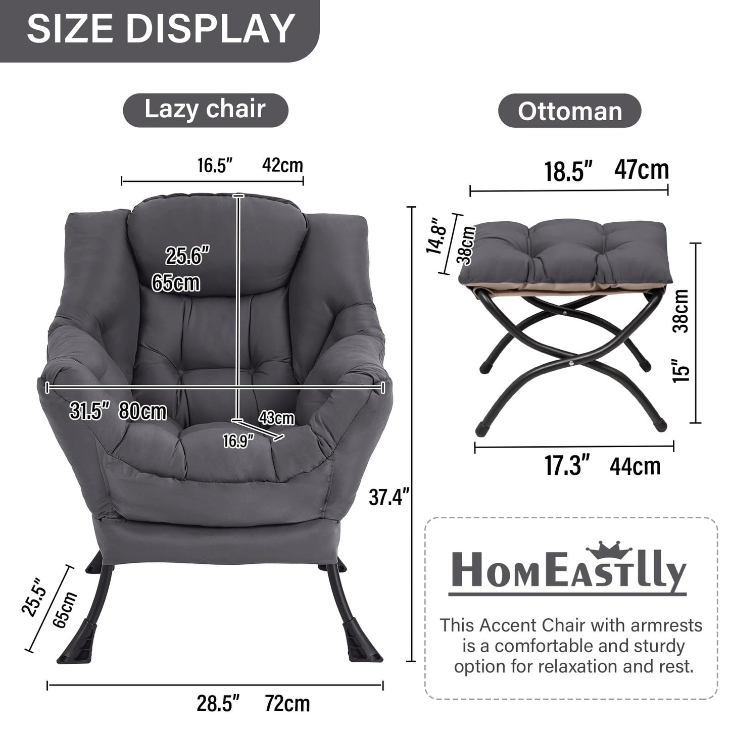 HomEastlly Lazy Chair with Ottoman, Reading Armchair with Armrests and Footrest, Large Modern Lounge Accent Chair with Ottoman, Leisure Sofa Chair for Living Room, Bedroom, Dorm Room (Dark Grey)