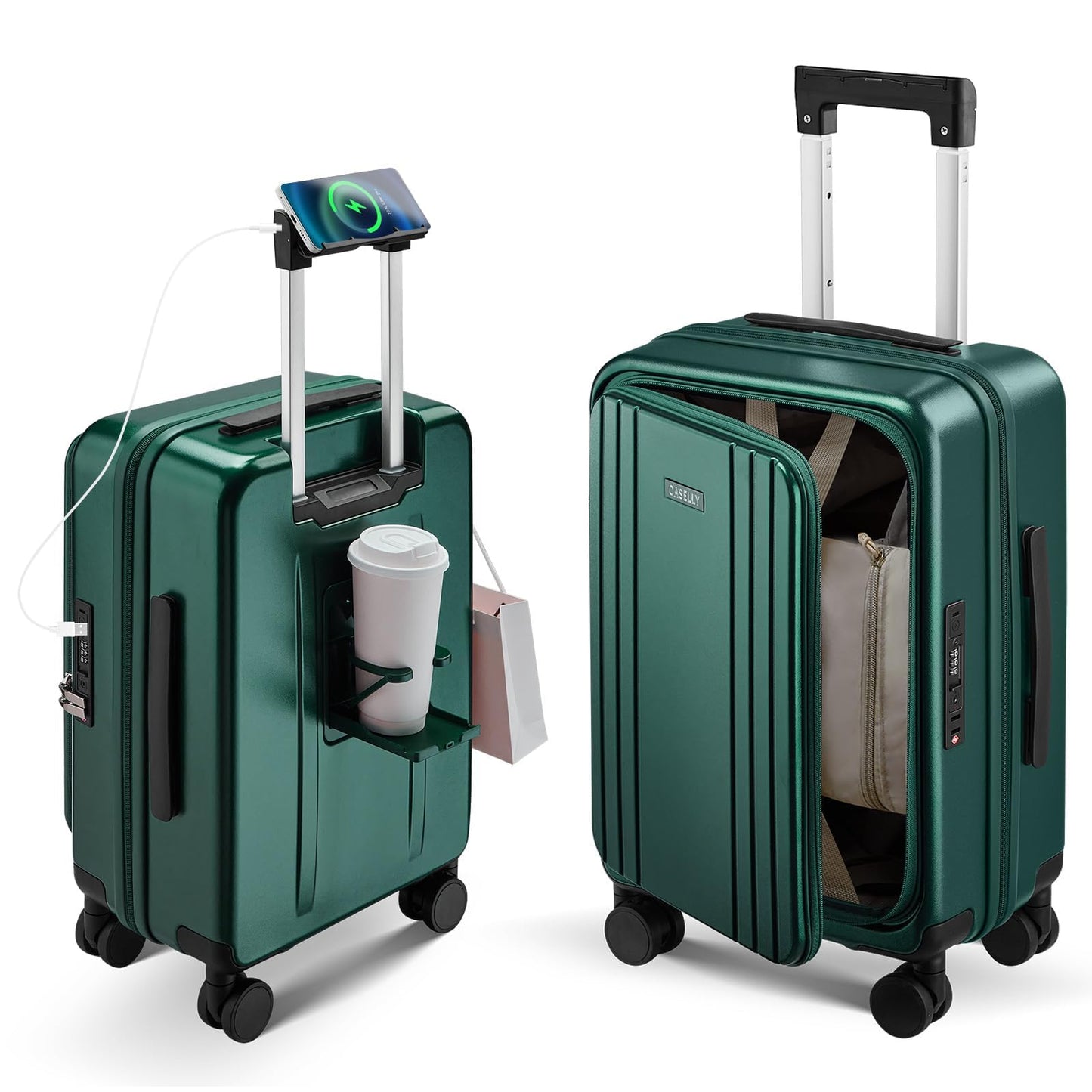 CASELLY Carry On Luggage Top Opening with Cup Holder & Phone Holder, Expandable PC Hard Shell Suitcase, USB Charging Port, Side Hook, 360° Spinner Wheels, TSA Lock & YKK Zippers for Fathers Day Gift