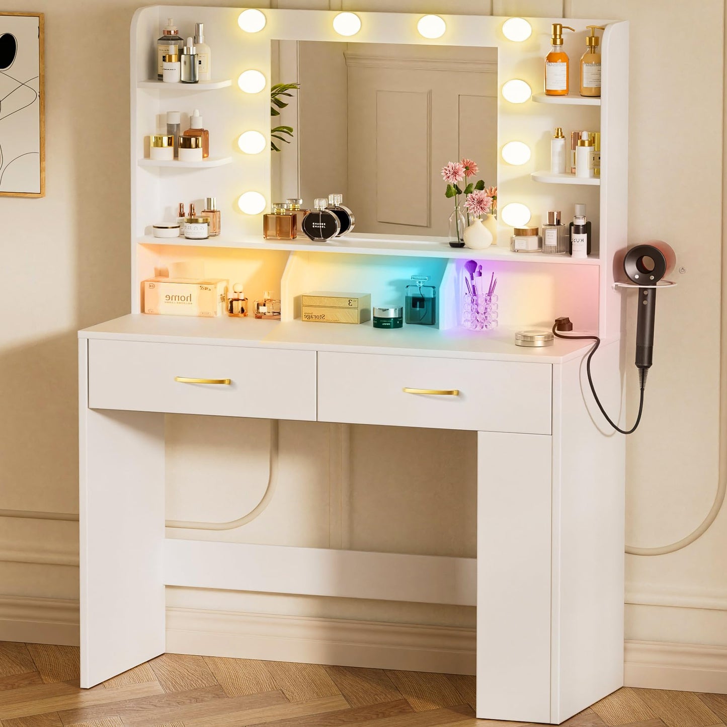 LUCKRACER Vanity Desk with LED Lights Mirror & Charging Station, White Makeup Vanity with Storage Drawers and Shelves, Modern Dressing Table for Women Girls Bedroom, White