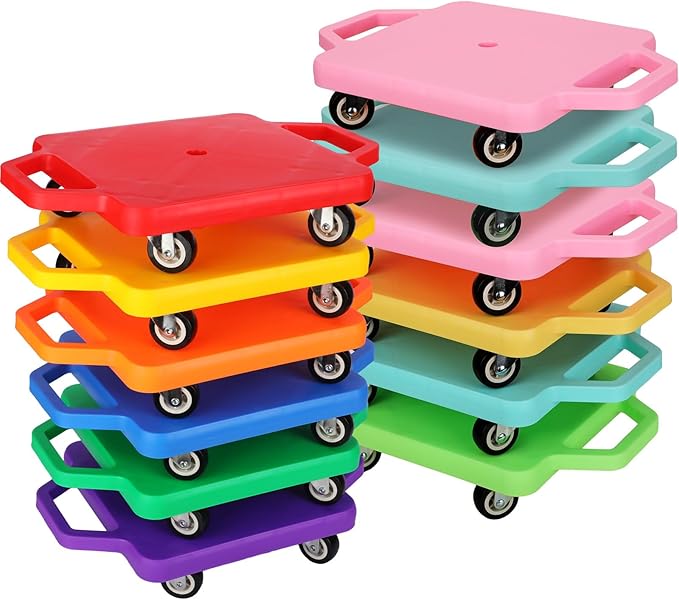 Deekin 12 Pcs Scooter Boards with Handles Bulk for Christmas Family Games Plastic Floor Sitting Scooter for Kids Children Gym Indoor Outdoor Activities Play and Daycare Supplies (Macaron Colors)