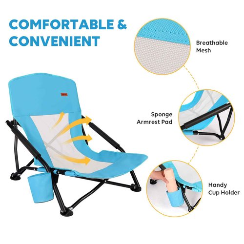 TOBTOS Low Beach Chair, Beach Chairs for Adults 2 Pack, Low Profile Folding with Cup Holder & Carry Bag, Heavy Duty Chair for Outdoor Sand, Camping, Concert, Travel