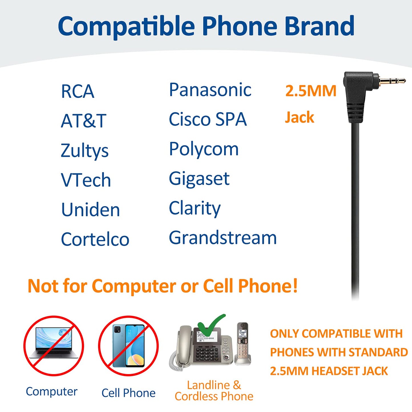 Wantek Wired Telephone Headset Dual Ear With 2.5Mm Jack, Noise Cancelling Mic, Quick Disconnect, Work For Cordless Phones At&T M