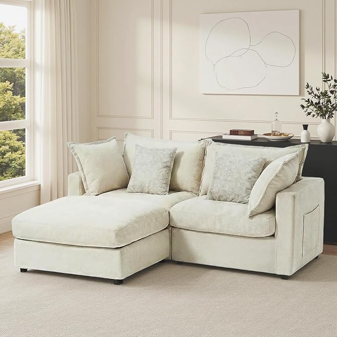 ModernMate 83" Modular Sectional Sofa, L Shaped Couch Set for Living Room, Down Filled Cloud Couch with Storage Ottoman, 2 Seater Loveseat Deep Seat Sofa, Chenille, Beige