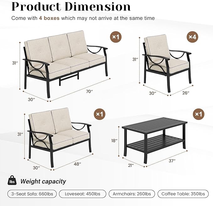 FansaFurn 7-Pieces Outdoor Patio Furniture Set, Outdoor Metal Sectional Furniture with Cushions, Outdoor Conversation Seating Set with Coffee Table for Garden, Balcony, Deck, Backyard, Black