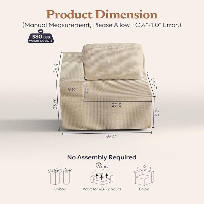 Furnify 40" Modular Upholstered Foam Couch, Upholstered Floor Sofa Couch with Pillow, Single Sofa for Bedroom Living Room, No Assembly Required (Corduroy Fabric, Beige)