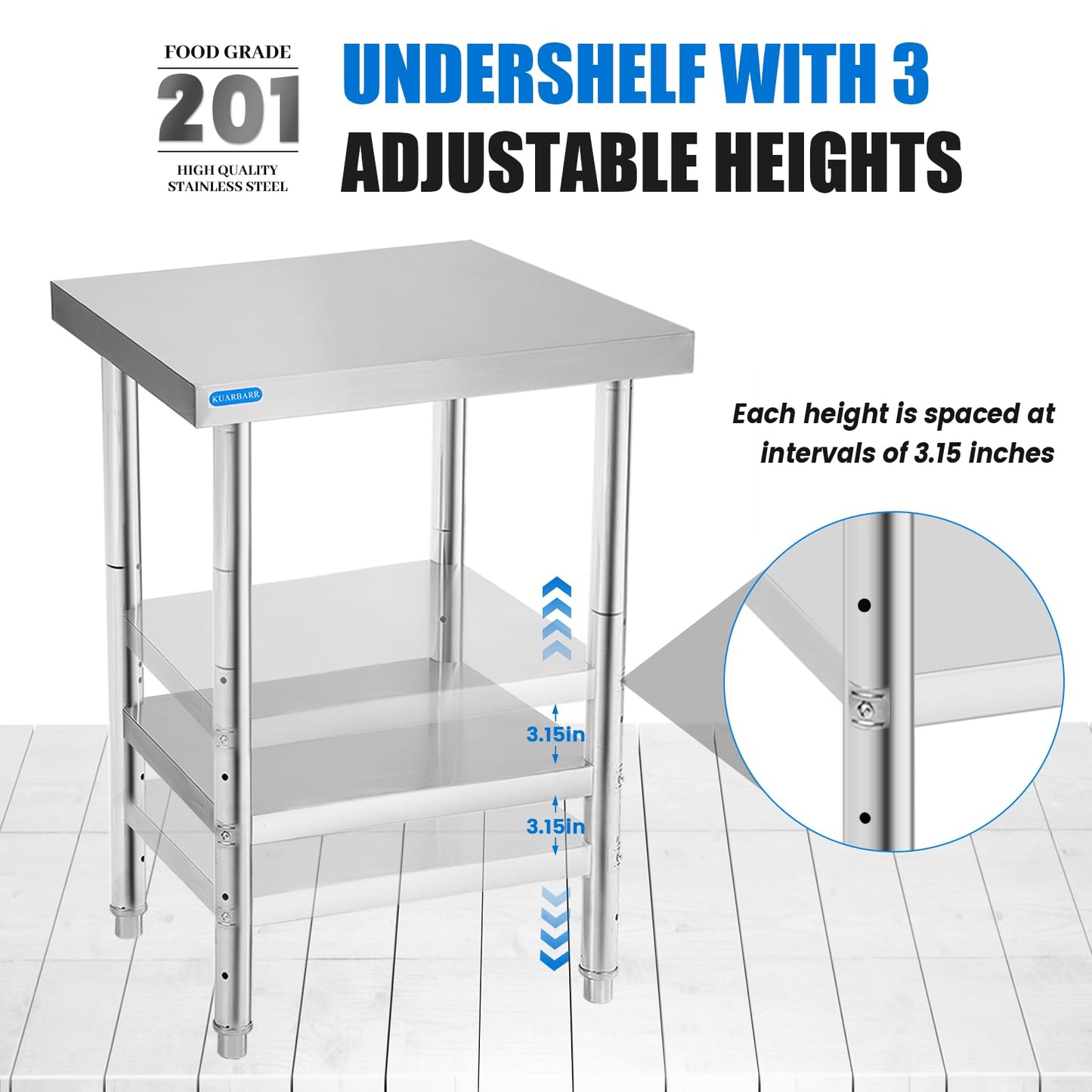KUARBARR Stainless Steel Table for Prep & Work with Undershelf 24 x 24 Inches NSF Metal Commercial Kitchen Prep Table with Adjustable Under Shelf Worktable for Restaurant Home Outdoor