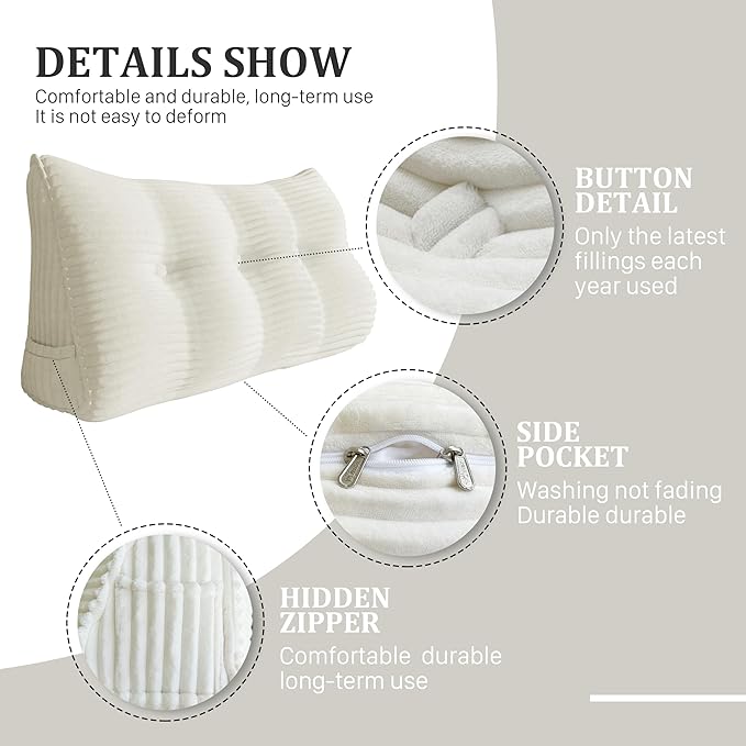 Wedge Headboard Pillow Dorm Room Reading Pillow Back Support for Sitting Up in Bed Bolster Lumbar Cushion Body Positioning Bedrest Corduroy (White, Twin (39 * 8 * 20in))