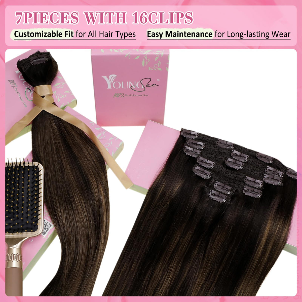 YoungSee 150G Clip in Extensions Brown Balayage Human Hair Clip in Extensions Dark Brown Mix Medium Brown Highlights Brown Balay