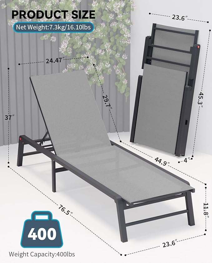 FHVIT Aluminum Chaise Lounge Chair Outdoor, Foldable Patio Lounge Chair 2 Sets Assemble-Free, Pool Lounge Chairs with 5 Adjustable Backrest, Outdoor Lounge Chairs for Outside Poolside Beach Lawn Grey