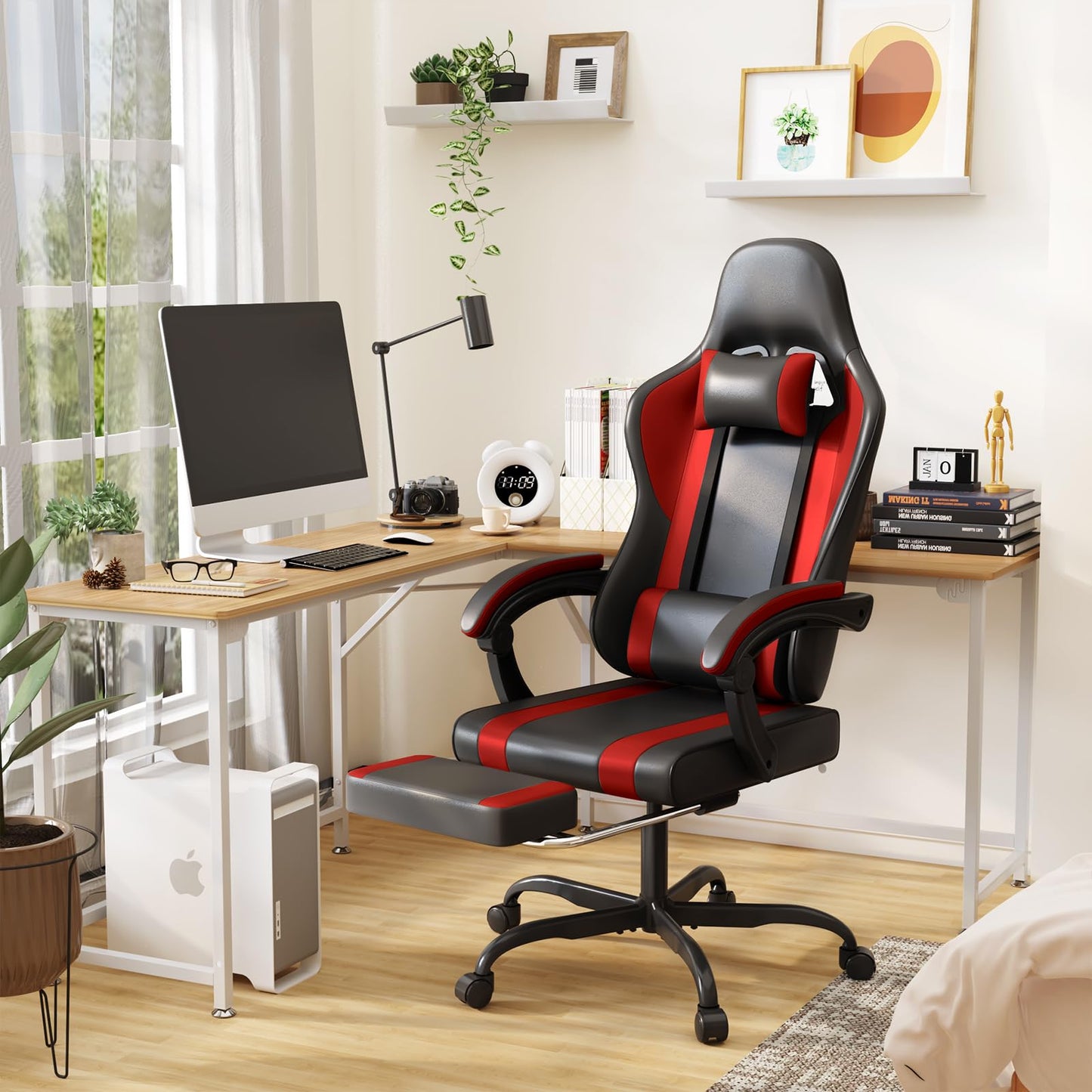 ErgoDesign Gaming Chair with Footrest and Massage Lumbar Support, Height Adjustable Game Chair, Video Gaming Chair for Gaming Room, Living Room and Office - Black/Red