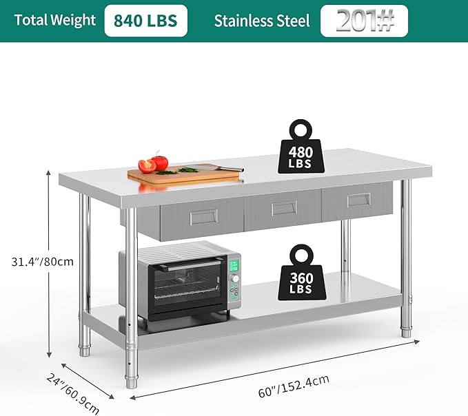 YITAHOME 60" X 24" NSF Stainless Steel Table with 3 Drawers, Work Table with Drawer, Metal Table Prep Table for Commercial Home Kitchen Restaurant Garage Warehouse
