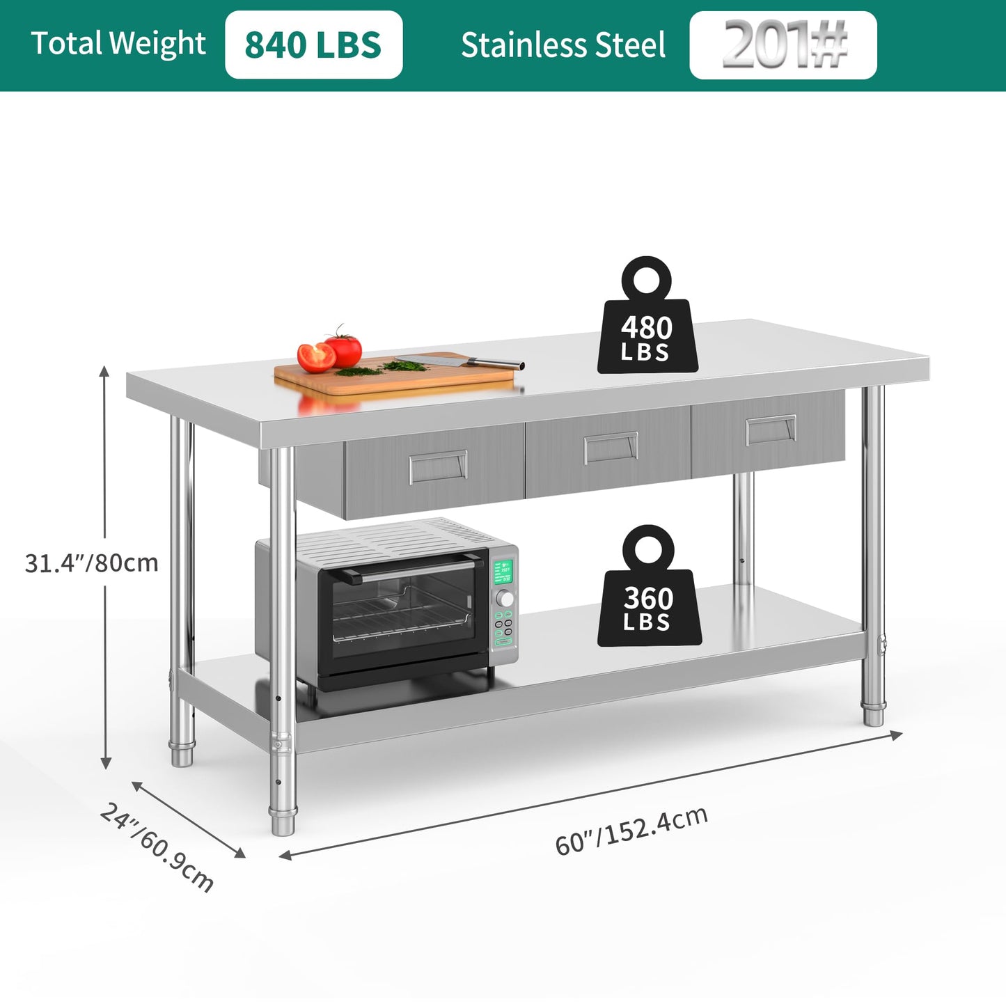 YITAHOME 60" X 24" NSF Stainless Steel Table with 3 Drawers, Work Table with Drawer, Metal Table Prep Table for Commercial Home Kitchen Restaurant Garage Warehouse