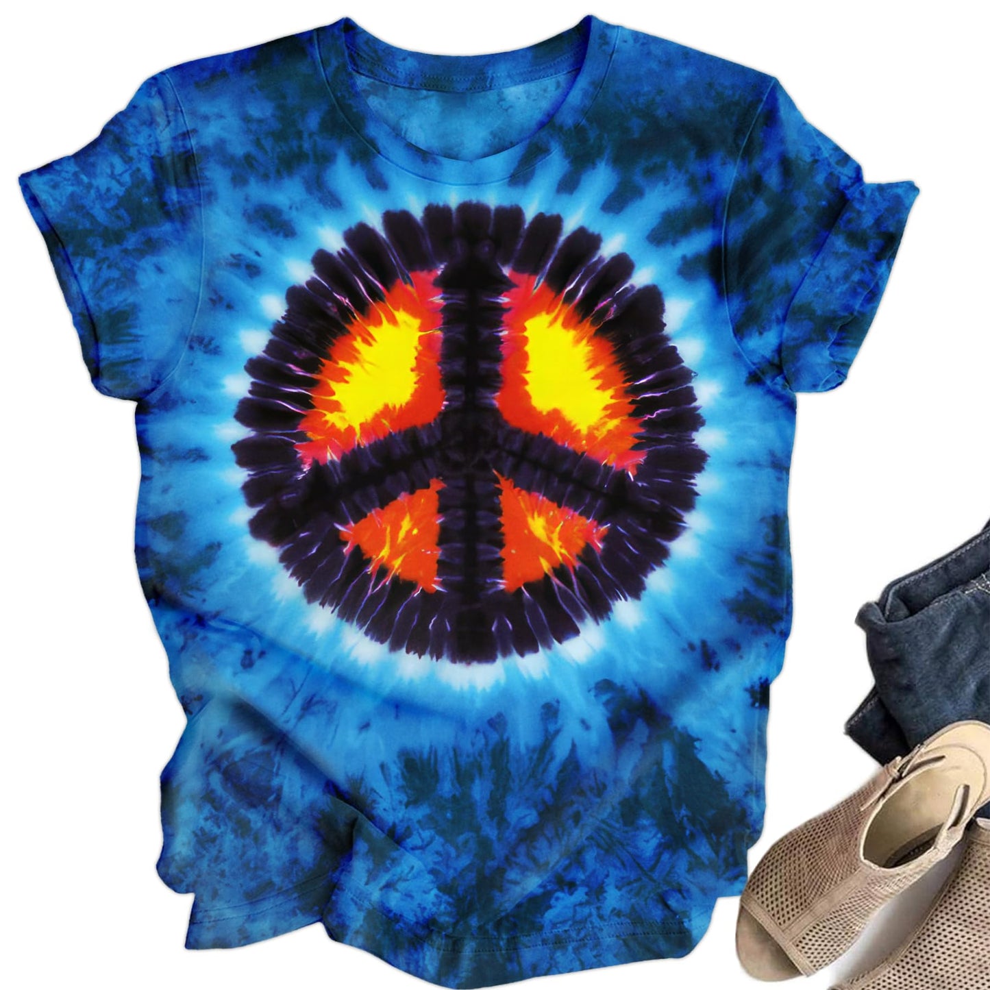 OCURHU Tie Dye Hippie Shirts for Women Hippy Retro 60s 70's T-Shirt Peace Sign Hippie Lover Gifts Tee #Seablue XL