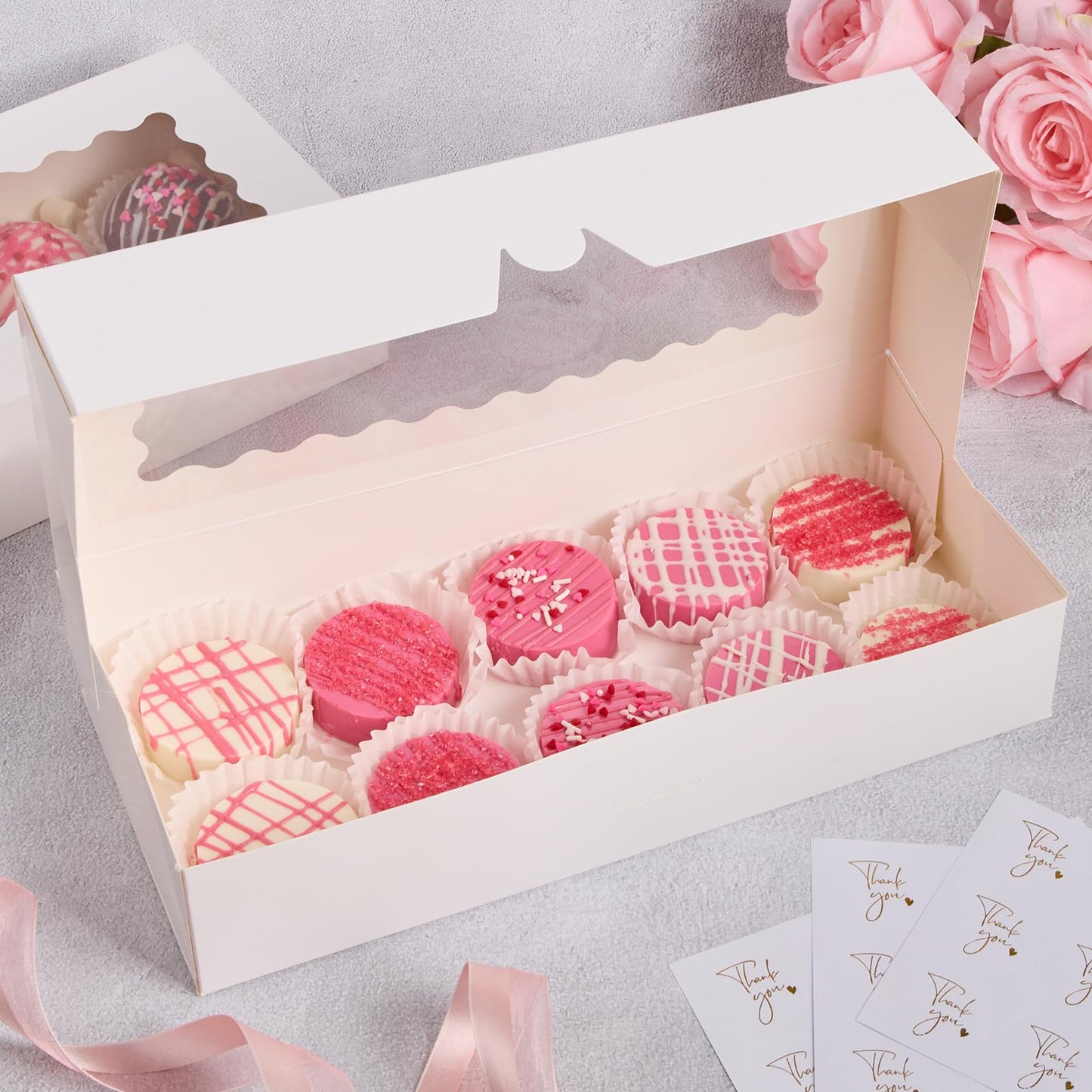 ZORRITA 30 Pack Auto Pop-up Cookie Boxes with Window, 12.5" x 5.5" x 2.5" White Bakery Boxes Treat Boxes for Chocolate Covered Strawberries, Cake Pops, Donuts, Cocoa Bombs, Sugar Cookies, Pastries