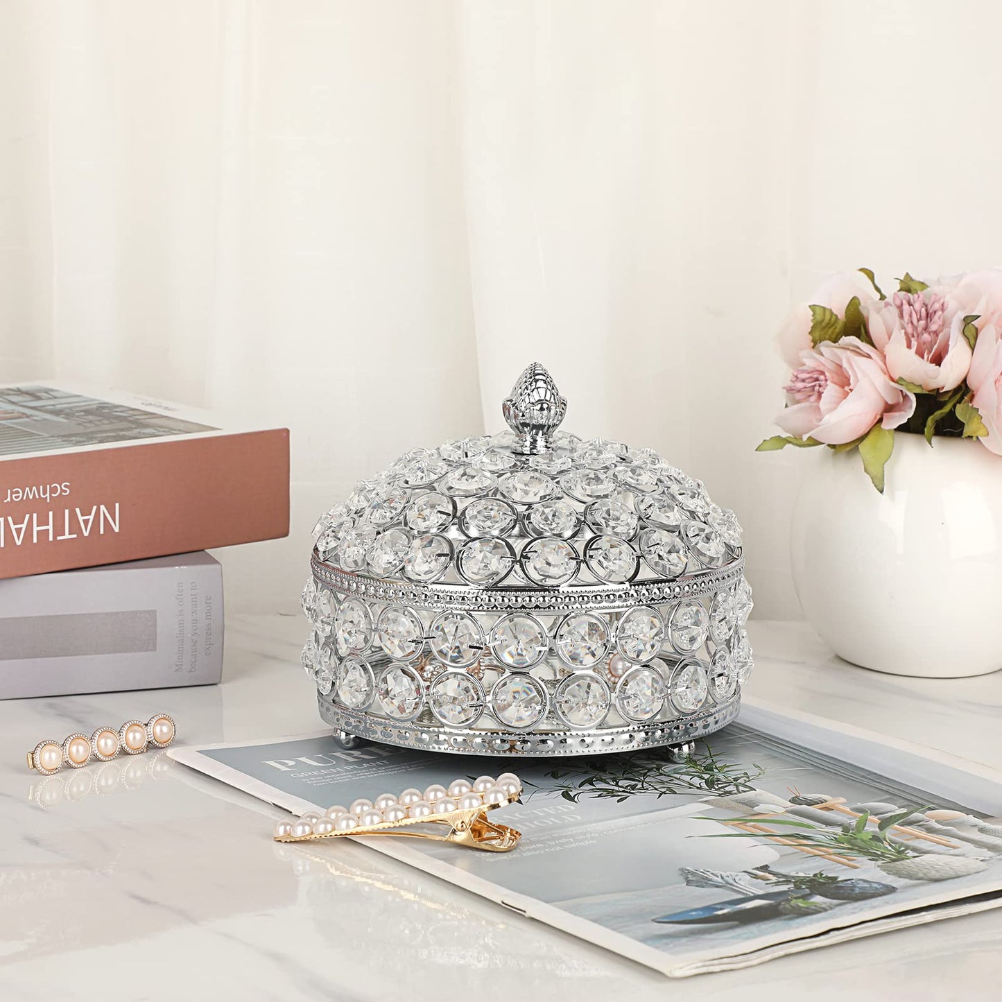 Hipiwe Crystal Mirrored Jewelry Box Trinket Organizer Box Luxury Decorative Ring Box Earrings Storage Holder Keepsake Box Birthday Christmas Gift for Women, X-Large