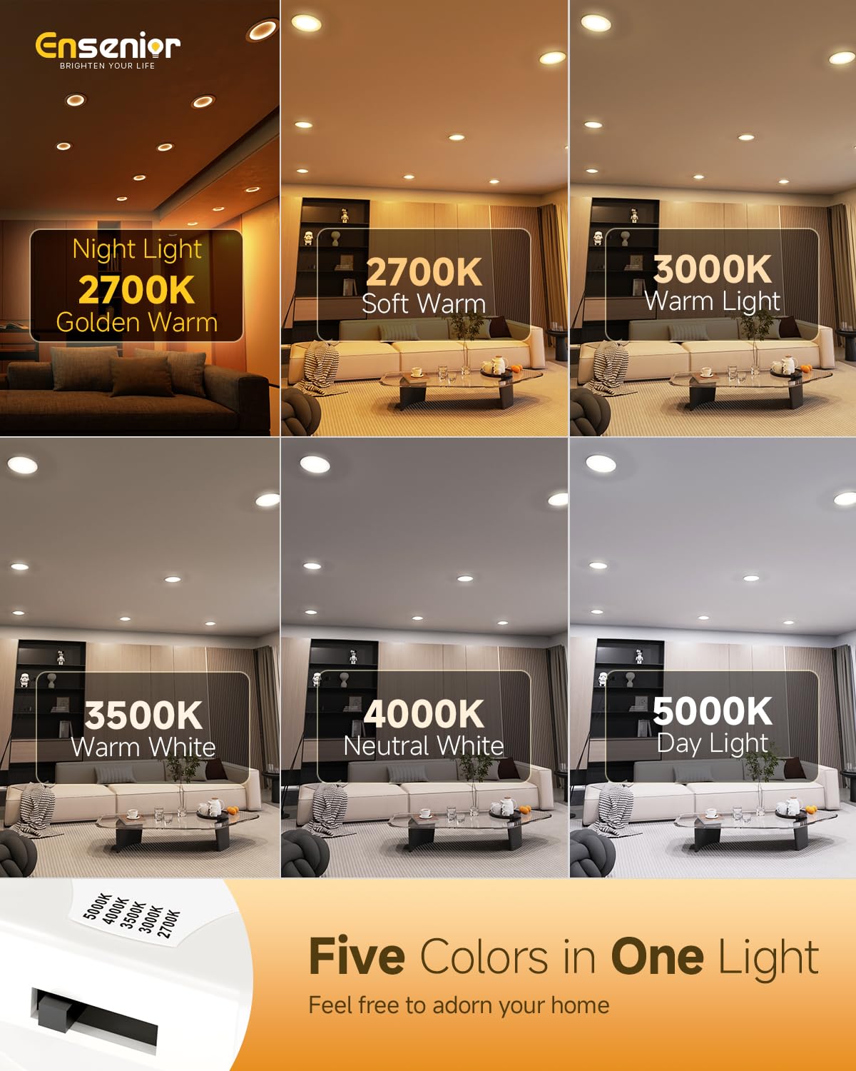 Ensenior 5/6 Inch 5CCT LED Can Lights with Night Light 6 Pack, Retrofit Led Recessed Lighting, Baffle Trim, Dimmable, 9W=110W, 1000LM